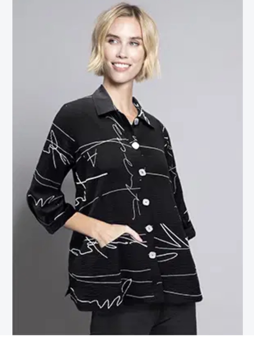 John Mark Black Script/Scribble Print Button-Up Tunic Shirt Size Large